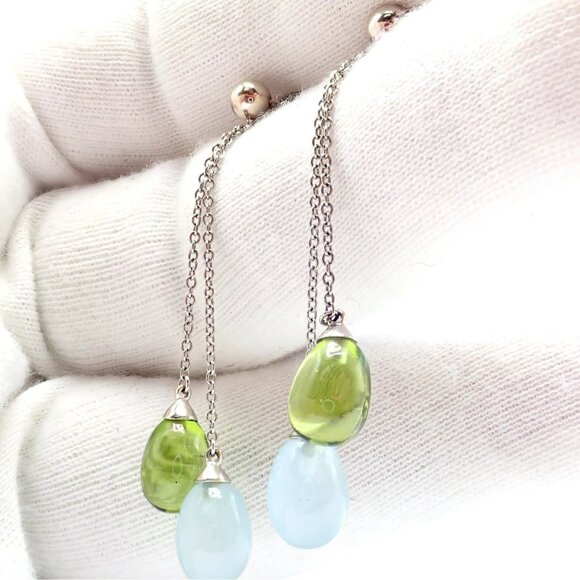 Authentic! Tiffany & Co 18k White Gold Rainbow Drop Peridot Chalcedony Earrings - Picture 8 of 11